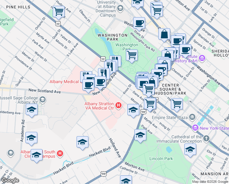 map of restaurants, bars, coffee shops, grocery stores, and more near 341 Myrtle Avenue in Albany