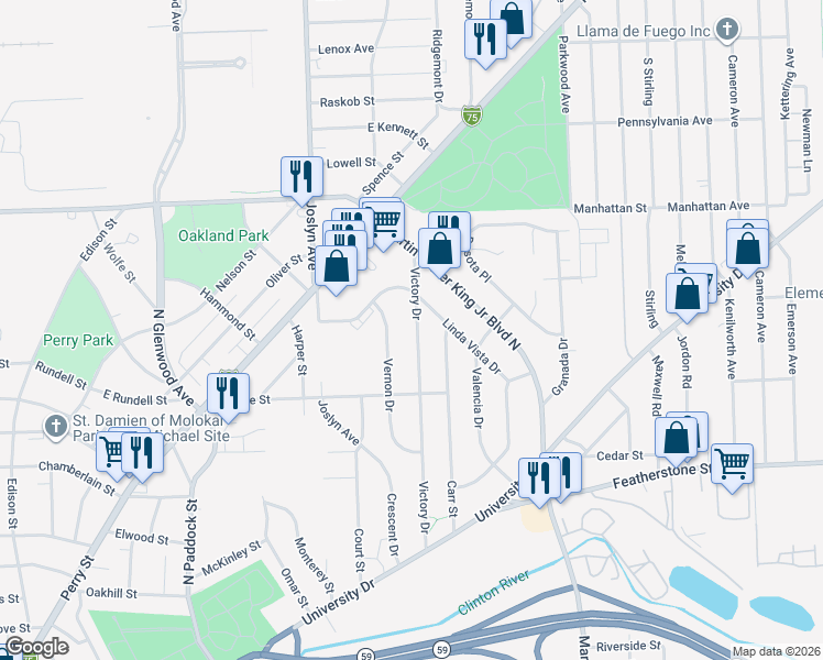 map of restaurants, bars, coffee shops, grocery stores, and more near 218 Victory Drive in Pontiac