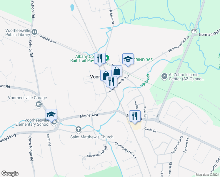 map of restaurants, bars, coffee shops, grocery stores, and more near 40 Voorheesville Avenue in Voorheesville