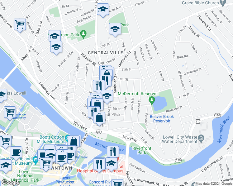 map of restaurants, bars, coffee shops, grocery stores, and more near 11 Methuen Street in Lowell