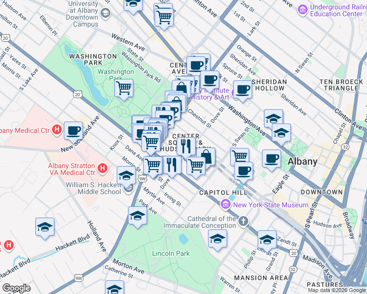 map of restaurants, bars, coffee shops, grocery stores, and more near 107 Dove Street in Albany