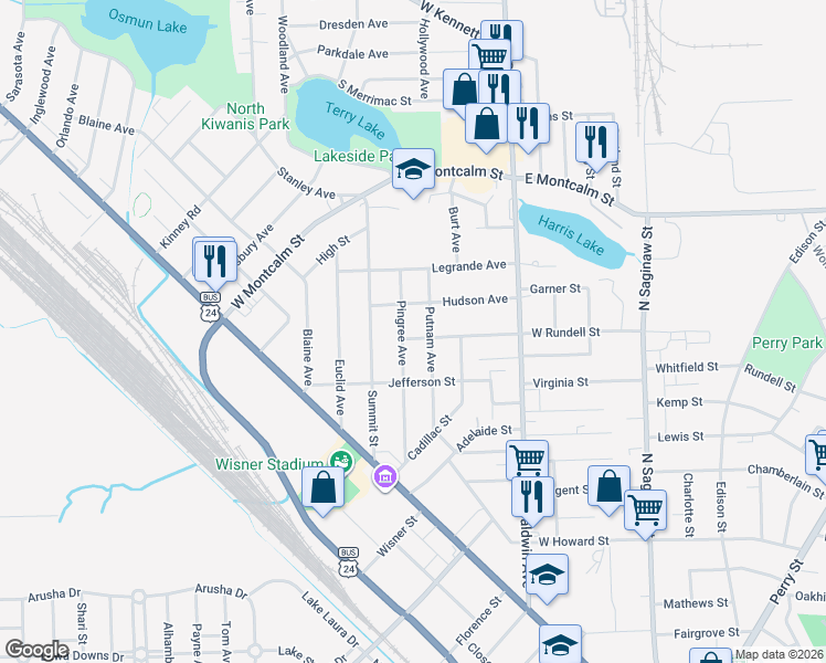 map of restaurants, bars, coffee shops, grocery stores, and more near 136 Pingree Avenue in Pontiac