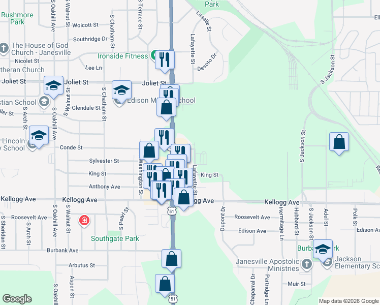 map of restaurants, bars, coffee shops, grocery stores, and more near 1808 Lafayette Street in Janesville