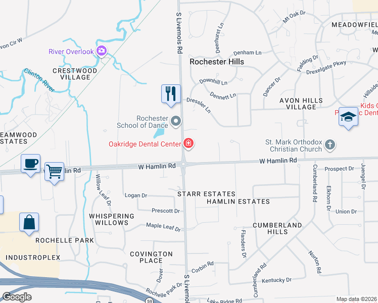 map of restaurants, bars, coffee shops, grocery stores, and more near 1959 South Livernois Road in Rochester Hills
