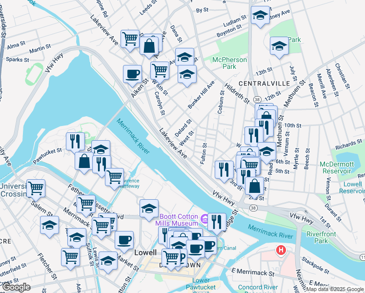 map of restaurants, bars, coffee shops, grocery stores, and more near 2 West Street in Lowell