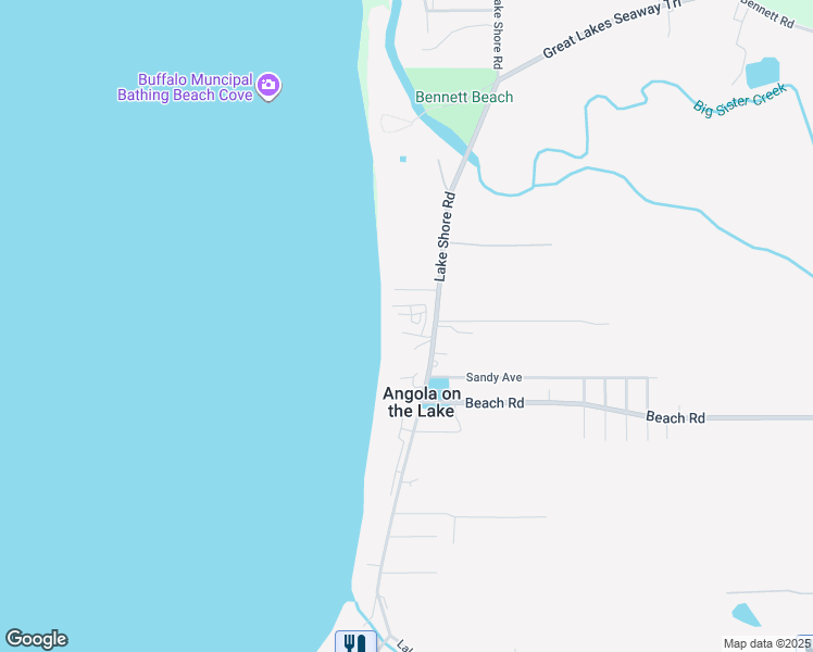 map of restaurants, bars, coffee shops, grocery stores, and more near 8554 Lake Shore Road in Angola