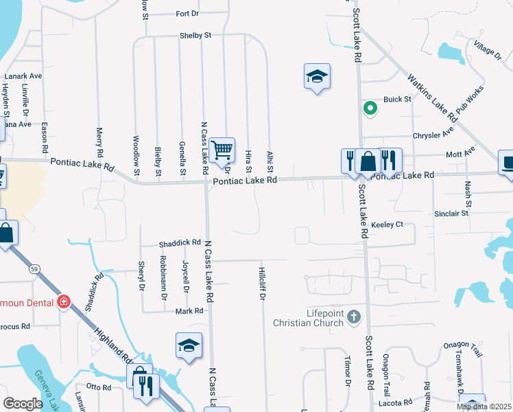 map of restaurants, bars, coffee shops, grocery stores, and more near 935 Village Green Lane in Waterford Township
