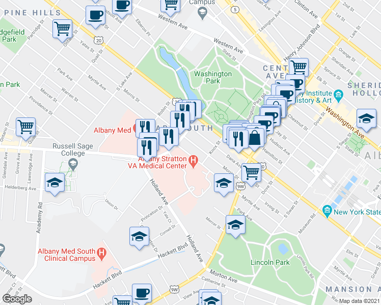 map of restaurants, bars, coffee shops, grocery stores, and more near 341 Myrtle Avenue in Albany