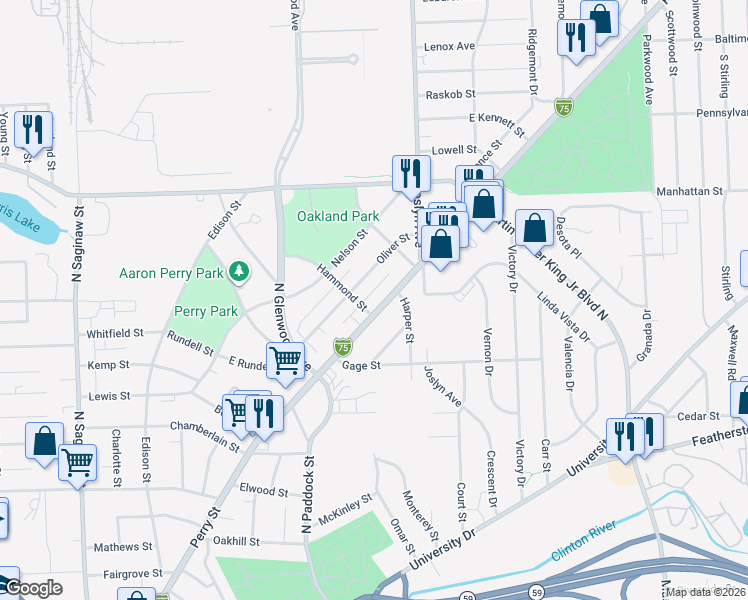 map of restaurants, bars, coffee shops, grocery stores, and more near 668 North Perry Street in Pontiac