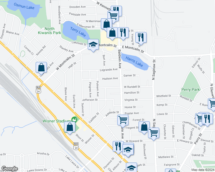 map of restaurants, bars, coffee shops, grocery stores, and more near 182 West Rundell Street in Pontiac