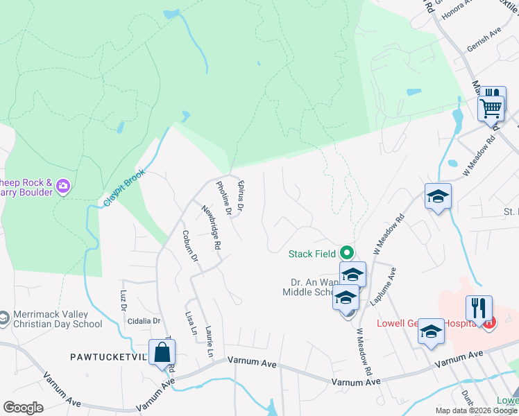 map of restaurants, bars, coffee shops, grocery stores, and more near 237 Acropolis Road in Lowell