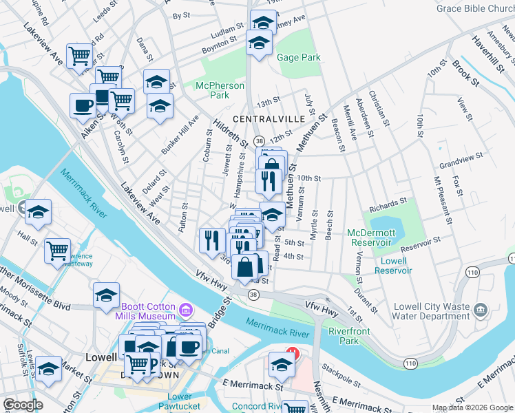 map of restaurants, bars, coffee shops, grocery stores, and more near 581 Bridge Street in Lowell