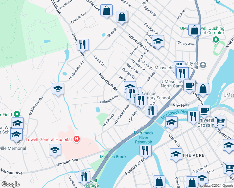 map of restaurants, bars, coffee shops, grocery stores, and more near 25 Columbia Road in Lowell