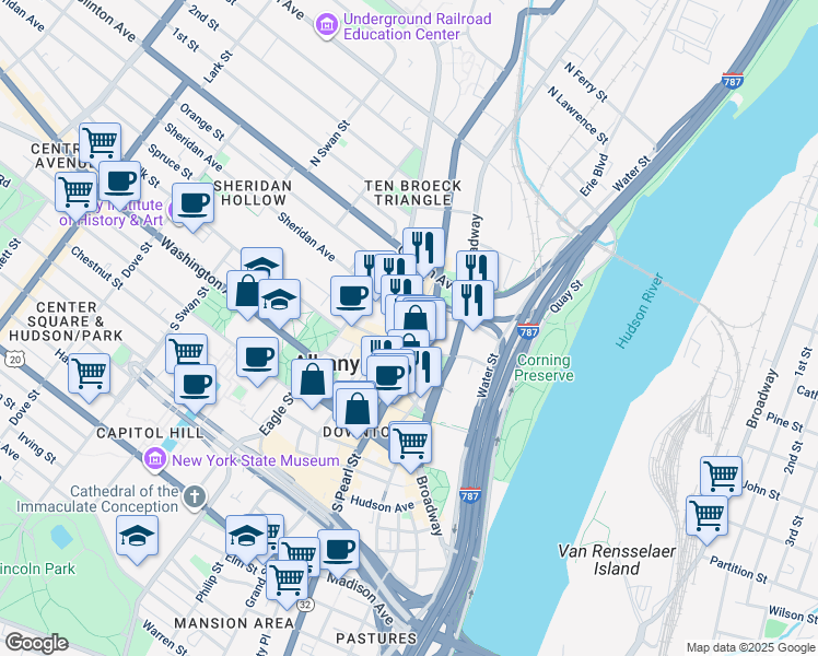 map of restaurants, bars, coffee shops, grocery stores, and more near 90 North Pearl Street in Albany