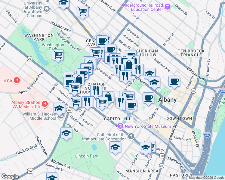 map of restaurants, bars, coffee shops, grocery stores, and more near 139.5 Jay Street in Albany