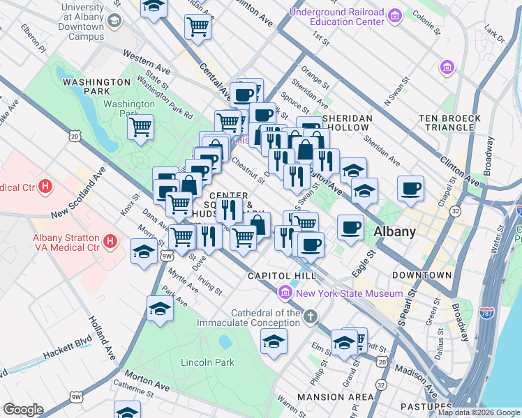 map of restaurants, bars, coffee shops, grocery stores, and more near 139.5 Jay Street in Albany