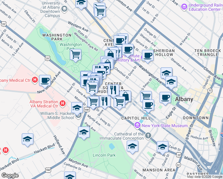 map of restaurants, bars, coffee shops, grocery stores, and more near 107 Dove Street in Albany