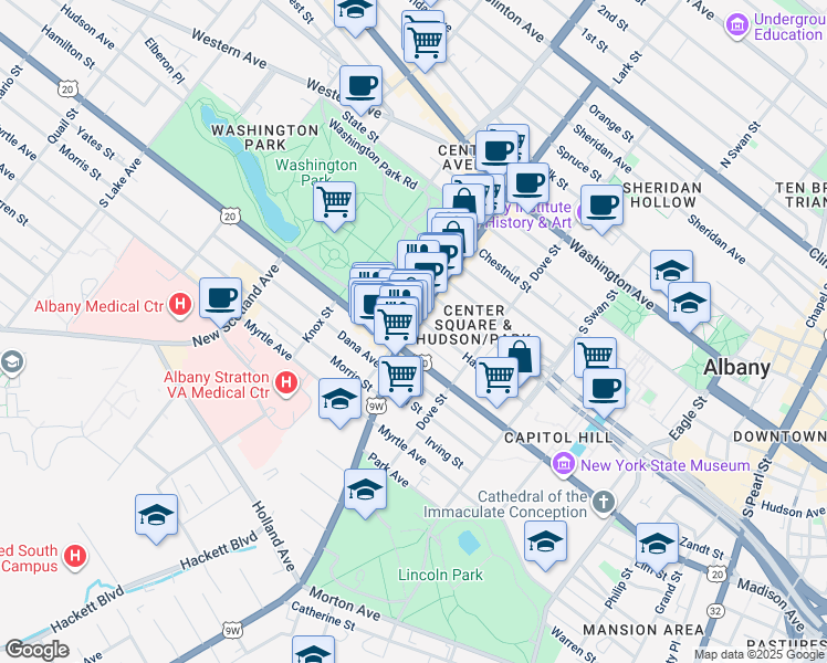 map of restaurants, bars, coffee shops, grocery stores, and more near 12 Delaware Avenue in Albany