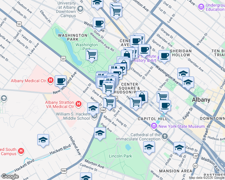 map of restaurants, bars, coffee shops, grocery stores, and more near 12 Delaware Avenue in Albany