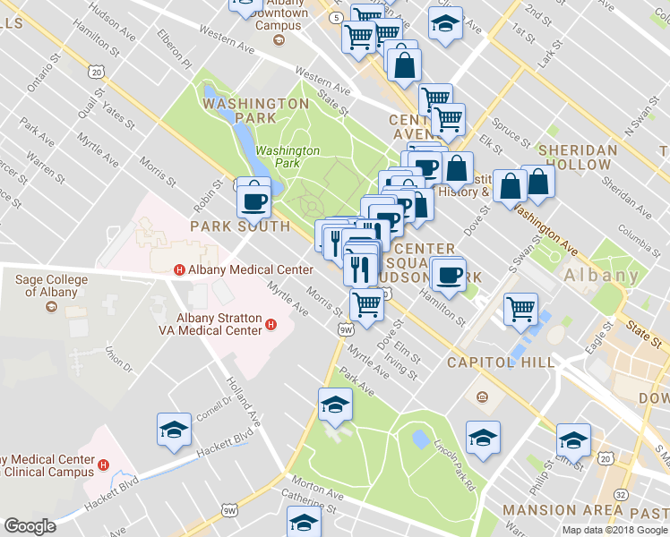 map of restaurants, bars, coffee shops, grocery stores, and more near 448 Madison Avenue in Albany