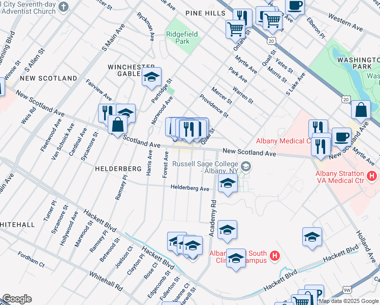 map of restaurants, bars, coffee shops, grocery stores, and more near 4 Glendale Avenue in Albany
