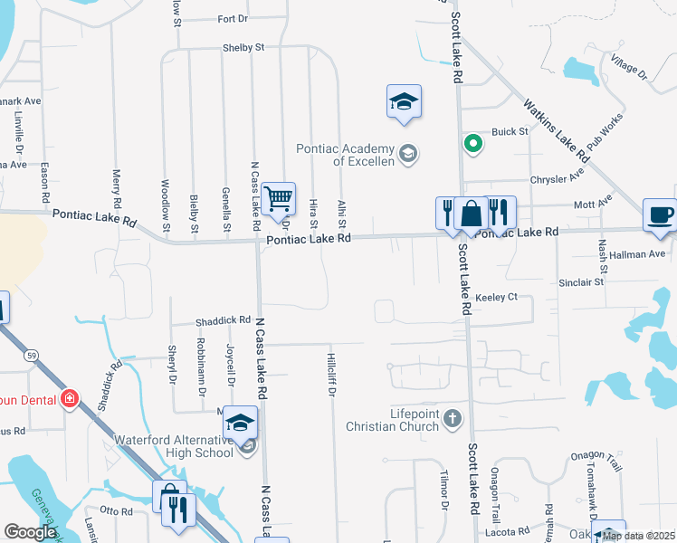 map of restaurants, bars, coffee shops, grocery stores, and more near 934 Village Green Lane in Waterford Township