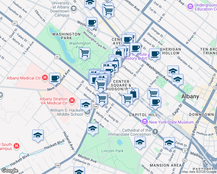 map of restaurants, bars, coffee shops, grocery stores, and more near 12 Delaware Avenue in Albany