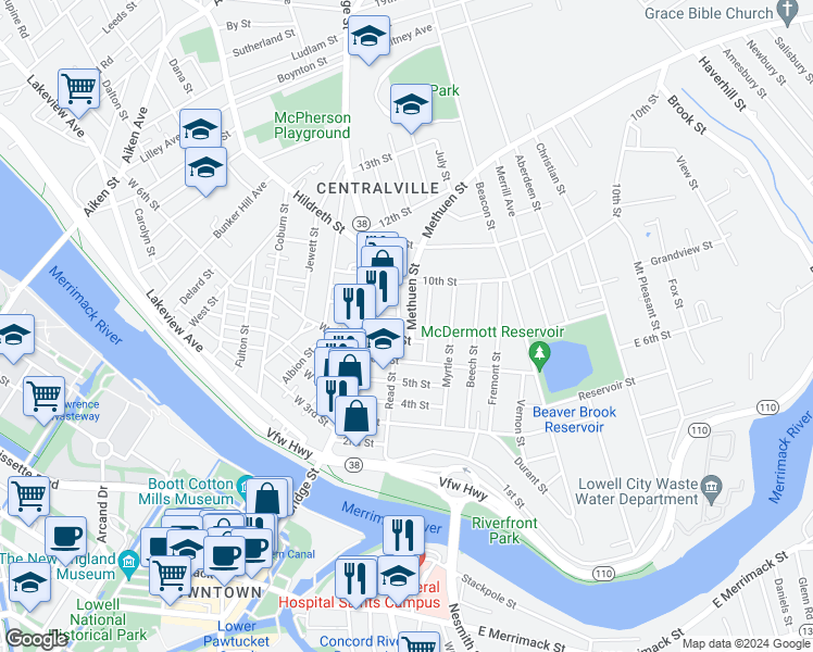 map of restaurants, bars, coffee shops, grocery stores, and more near 35 8th Street in Lowell