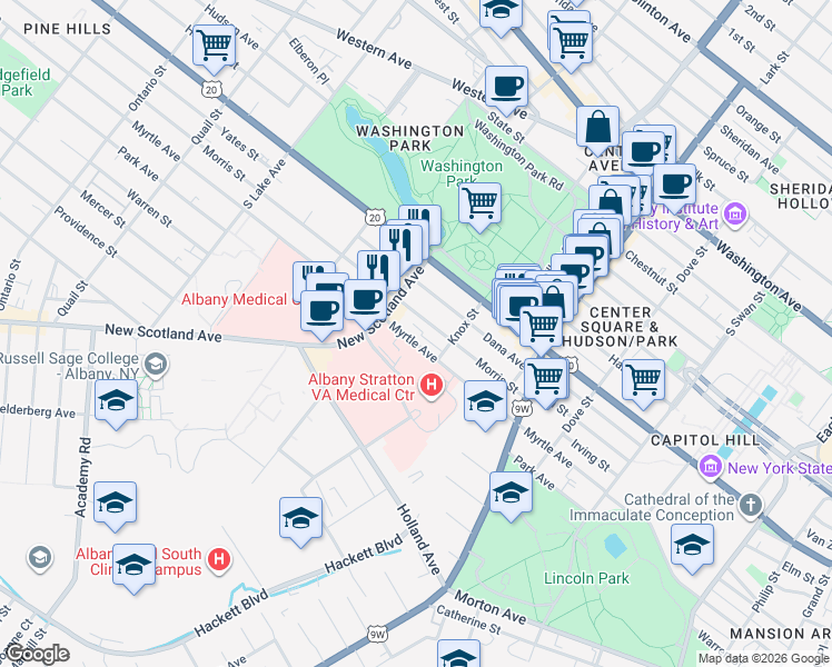map of restaurants, bars, coffee shops, grocery stores, and more near 341 Myrtle Avenue in Albany