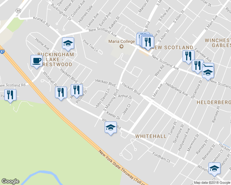 map of restaurants, bars, coffee shops, grocery stores, and more near 342 South Manning Boulevard in Albany