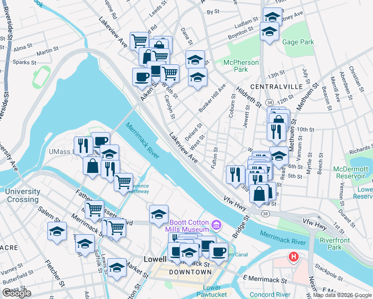 map of restaurants, bars, coffee shops, grocery stores, and more near 2 West Street in Lowell