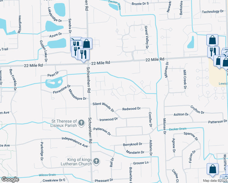 map of restaurants, bars, coffee shops, grocery stores, and more near 48524 Hudson Bay Court in Shelby Charter Township
