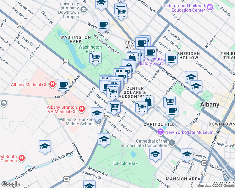 map of restaurants, bars, coffee shops, grocery stores, and more near 12 Delaware Avenue in Albany