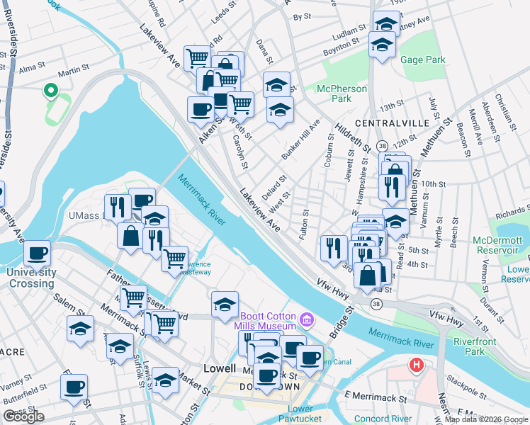 map of restaurants, bars, coffee shops, grocery stores, and more near 2 West Street in Lowell