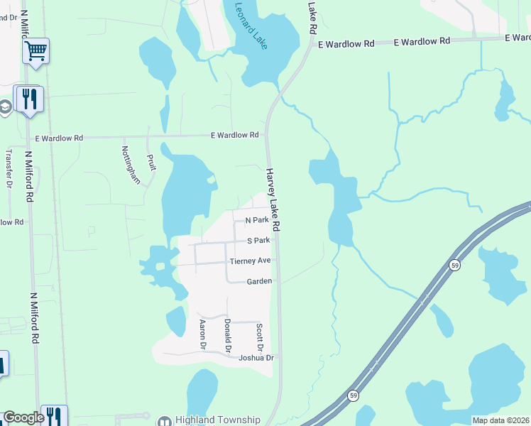 map of restaurants, bars, coffee shops, grocery stores, and more near 1085 North Park in Highland Charter Township
