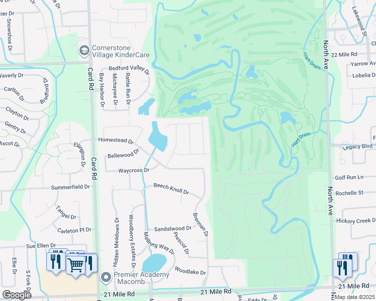 map of restaurants, bars, coffee shops, grocery stores, and more near 22322 Hythe Drive in Macomb