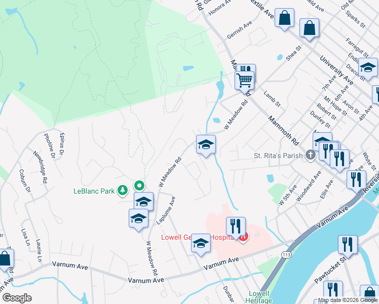map of restaurants, bars, coffee shops, grocery stores, and more near 121 Mary Theresa Terrace in Lowell