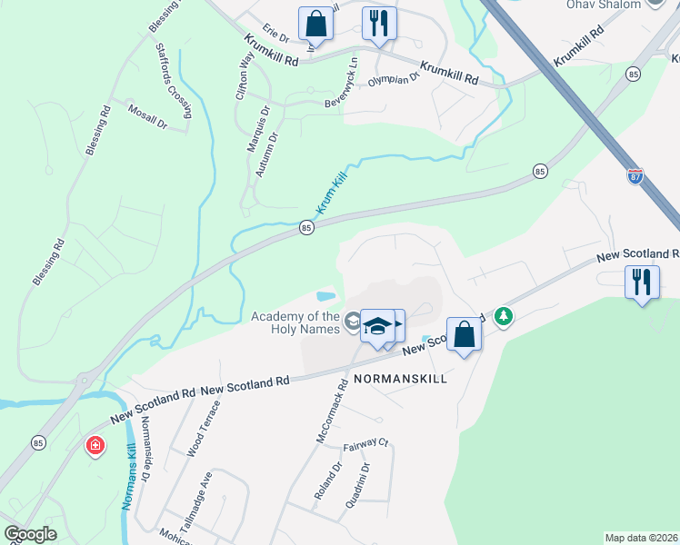 map of restaurants, bars, coffee shops, grocery stores, and more near 91 Woodside Drive in Albany