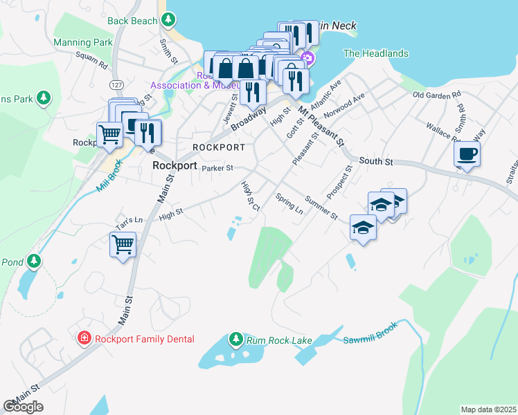 map of restaurants, bars, coffee shops, grocery stores, and more near 46 Pleasant Street in Rockport