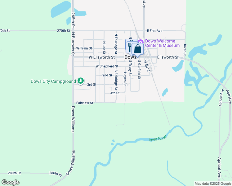 map of restaurants, bars, coffee shops, grocery stores, and more near 501 South Eskridge Street in Dows