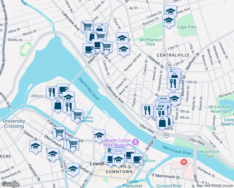 map of restaurants, bars, coffee shops, grocery stores, and more near 2 West Street in Lowell