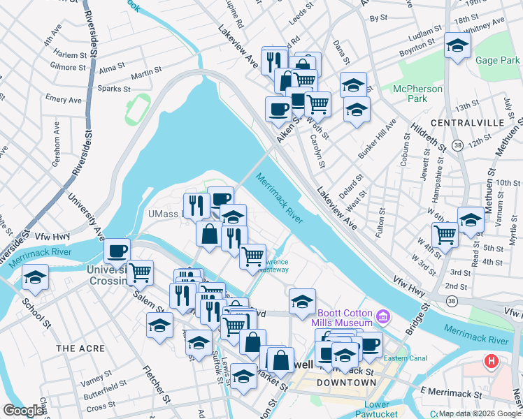 map of restaurants, bars, coffee shops, grocery stores, and more near 52 Lawrence Drive in Lowell