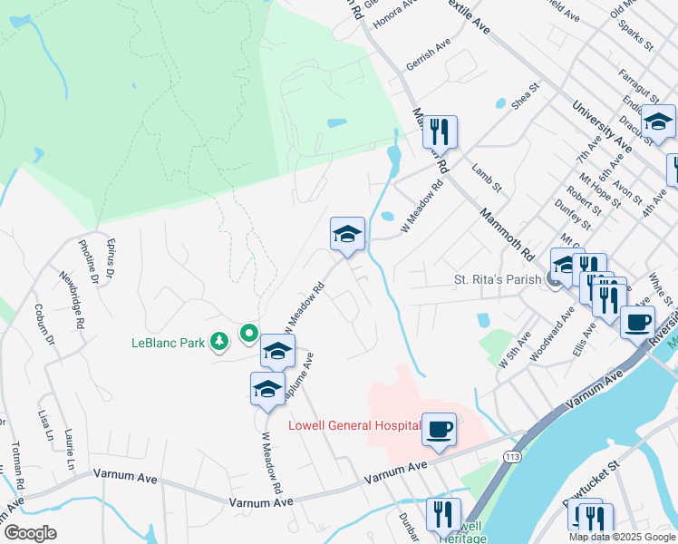 map of restaurants, bars, coffee shops, grocery stores, and more near 121 Mary Theresa Terrace in Lowell