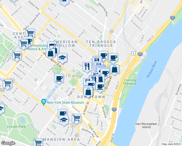 map of restaurants, bars, coffee shops, grocery stores, and more near 16 Eagle Street in Albany