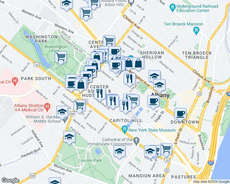 map of restaurants, bars, coffee shops, grocery stores, and more near 139.5 Jay Street in Albany