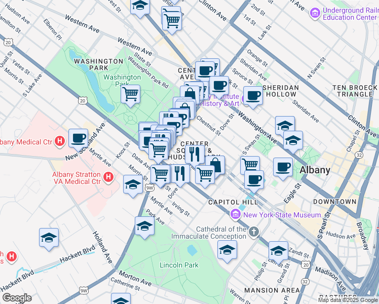 map of restaurants, bars, coffee shops, grocery stores, and more near 107 Dove Street in Albany