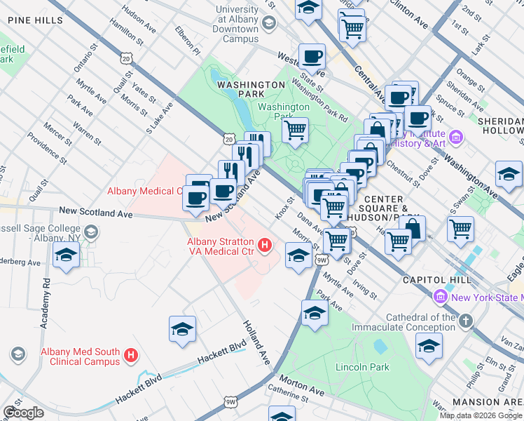map of restaurants, bars, coffee shops, grocery stores, and more near 78 Morris Street in Albany