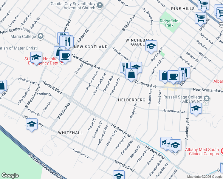 map of restaurants, bars, coffee shops, grocery stores, and more near 37 Cardinal Avenue in Albany