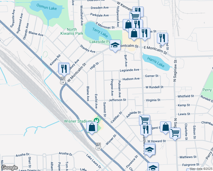 map of restaurants, bars, coffee shops, grocery stores, and more near 131 Summit Street in Pontiac