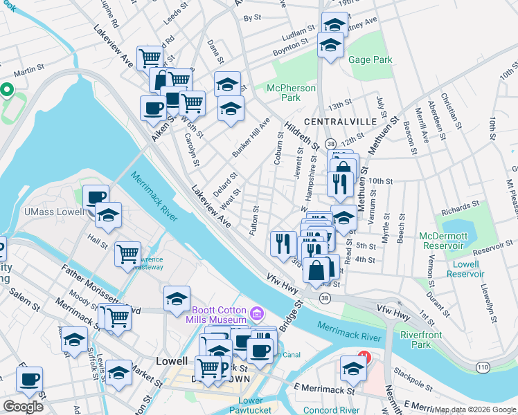 map of restaurants, bars, coffee shops, grocery stores, and more near 66 Coburn Street in Lowell